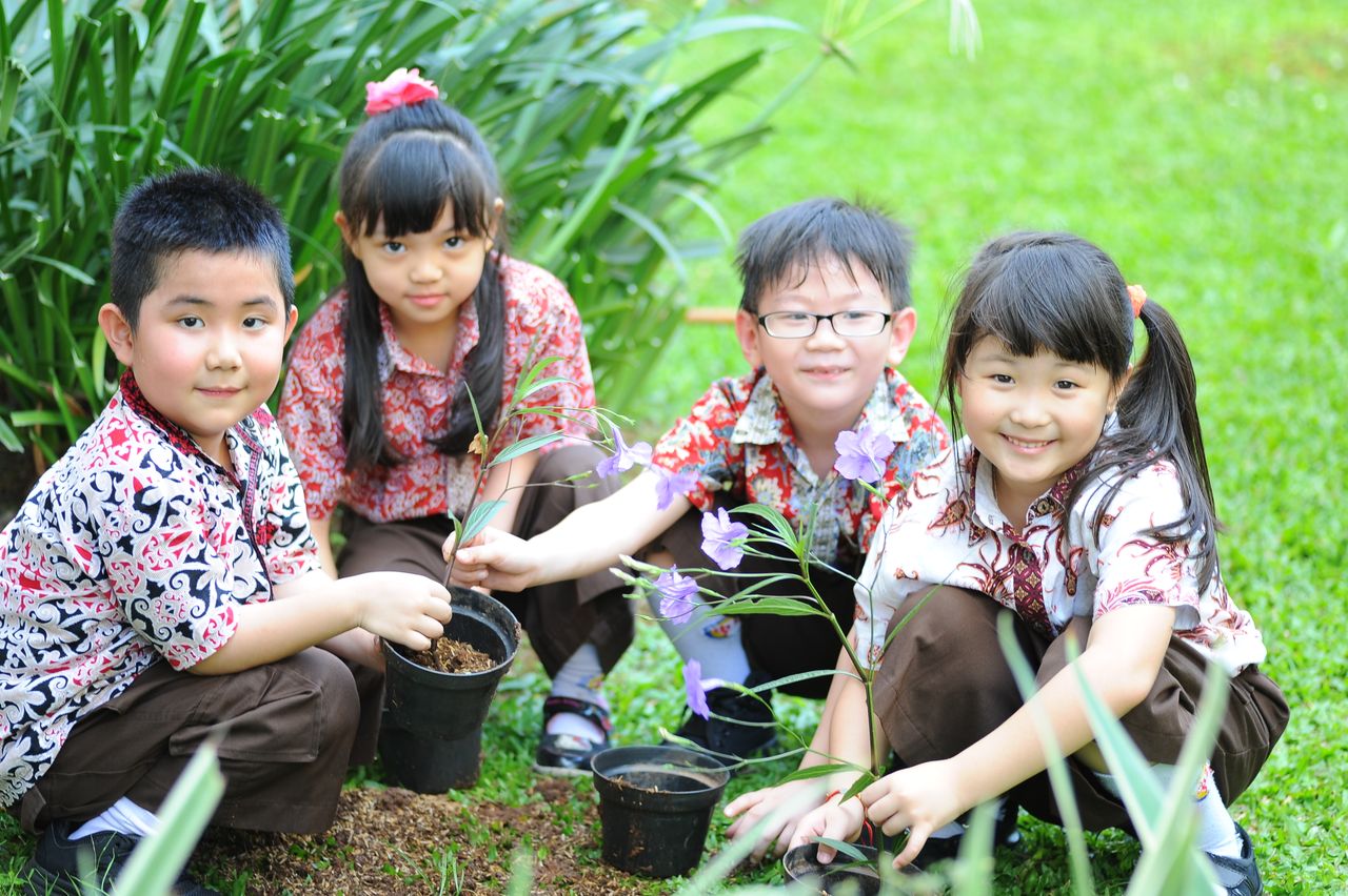 Home Group of happy children planting flowers together in a garden.